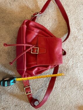 Coach Red Leather Drawstring Backpack with Buckle Flap